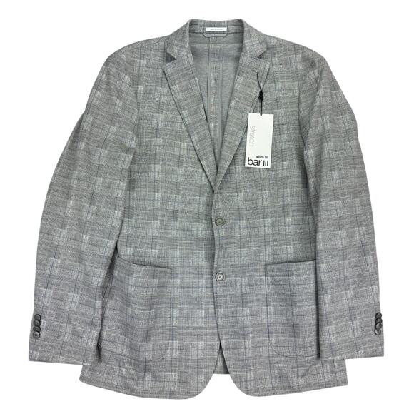 Bar III Mens Slim Fit Knit Stretch Plaid Sport Coat Gray Navy 42L